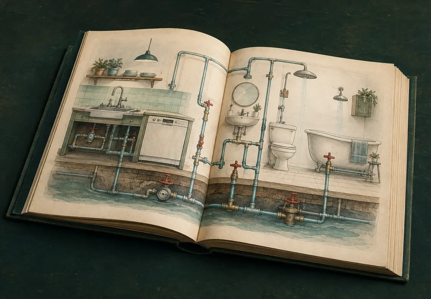 Libro ilustrado abierto con una sección doméstica y el recorrido visible del agua entre estancias